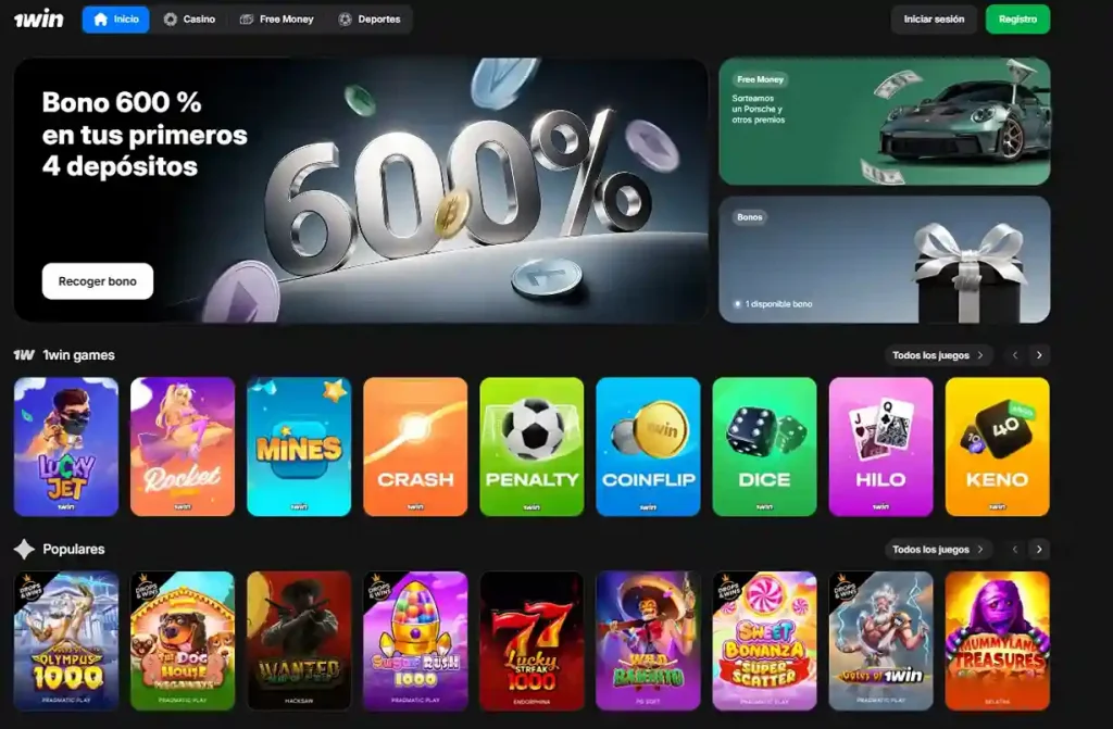 Página principal de 1win con promoción 600% y vista de juegos populares del casino.