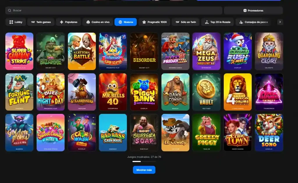 Colección de nuevos juegos del casino 1win con tragamonedas de varios proveedores.