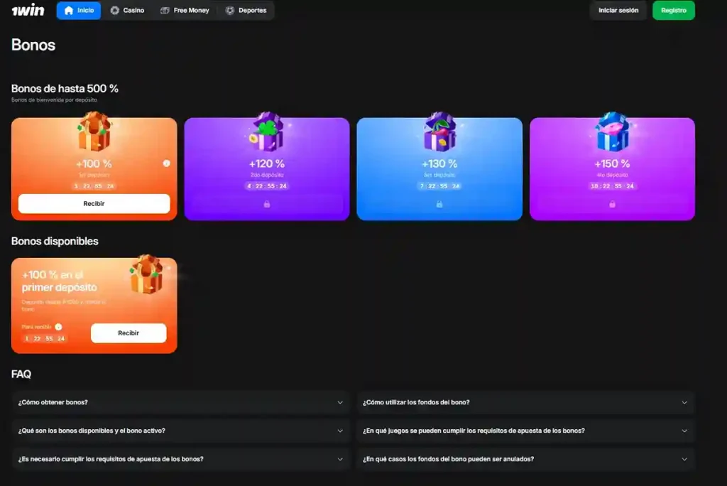 Pantalla de bonos de bienvenida de 1win con oferta hasta 500% y giros gratis.