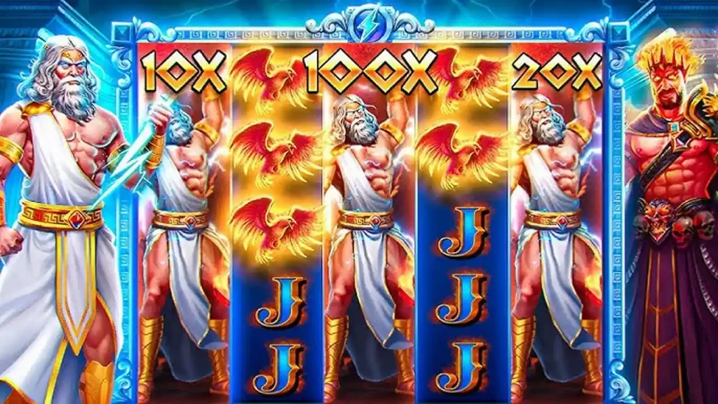 Rodillos del slot Zeus vs Hades con personajes y símbolos brillantes.