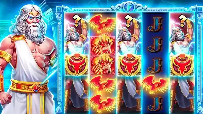 Zeus junto a los rodillos del slot con símbolos luminosos y animación de fuego