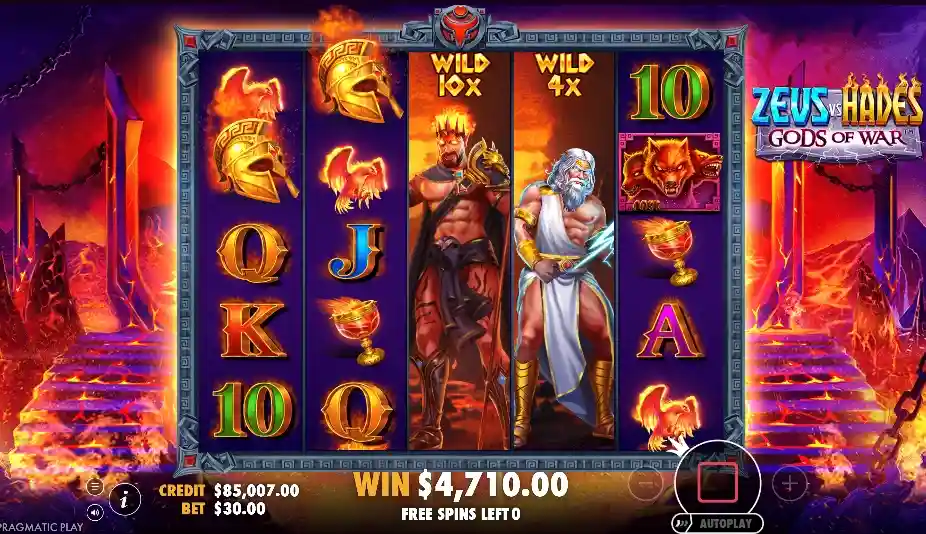 Pantalla del slot Zeus vs Hades con símbolos ardientes y efectos brillantes.