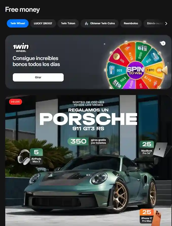 Sección Free Money de 1win con ruleta promocional y sorteo de Porsche 911 GT3 RS.