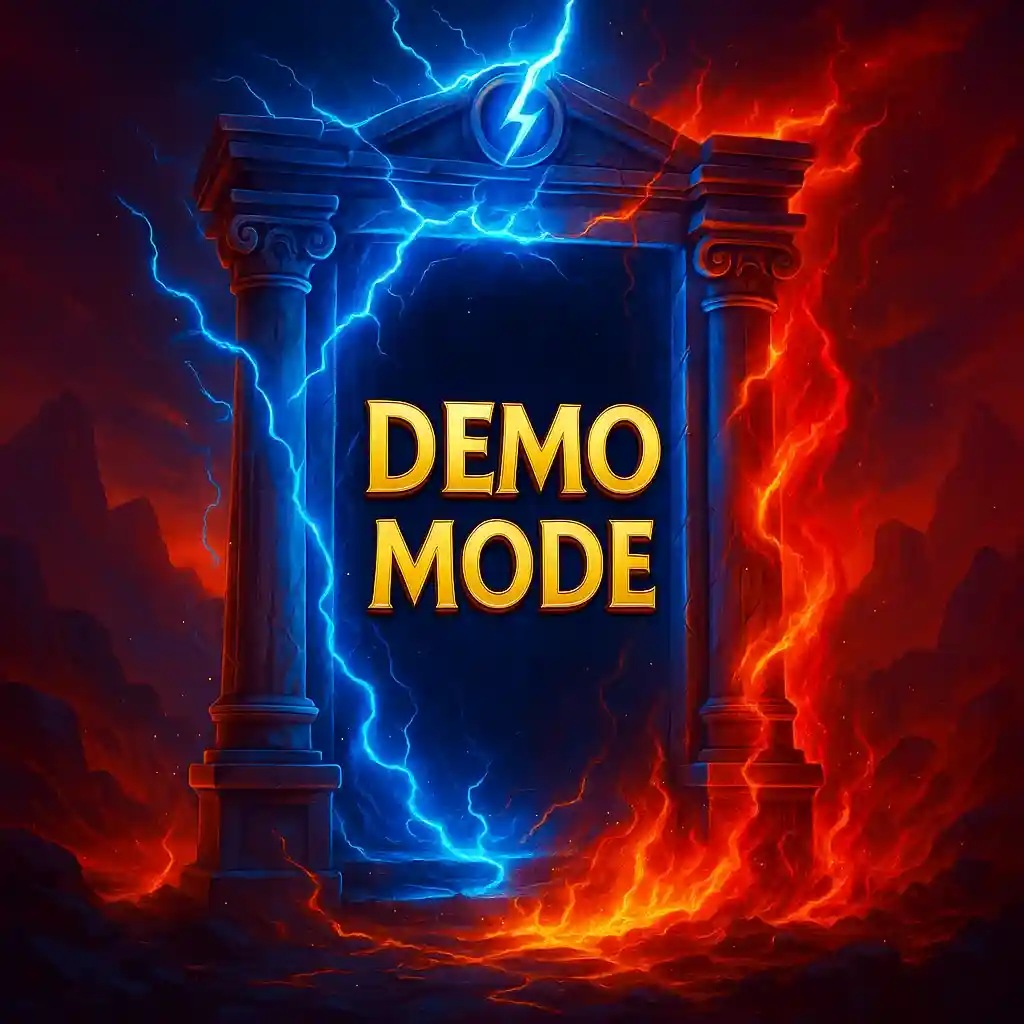 Cofre del tesoro envuelto en fuego rojo y energía azul brillante.