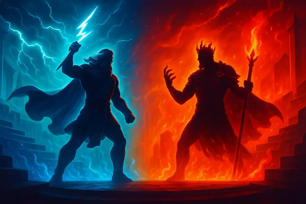 Siluetas enfrentadas de Zeus y Hades en un fondo dividido entre azul eléctrico y rojo volcánico.