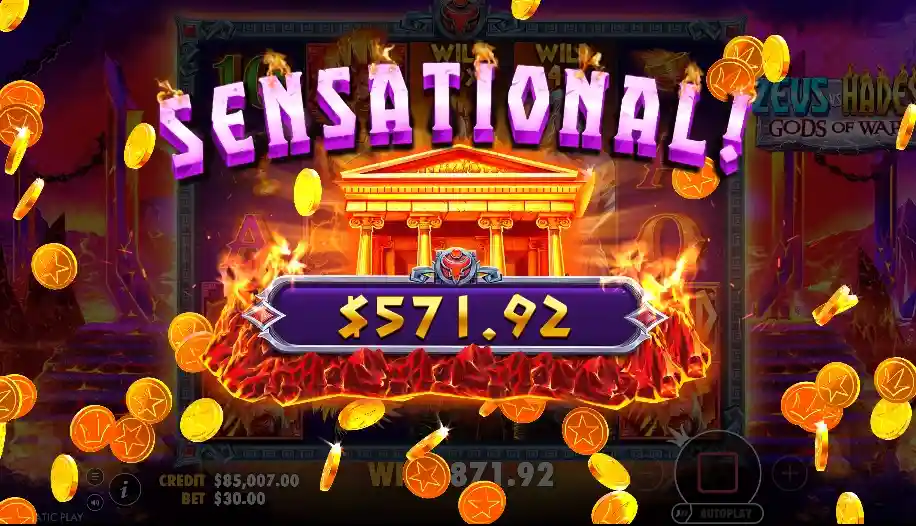 Pantalla de victoria ‘Sensational!’ con monedas doradas en explosión