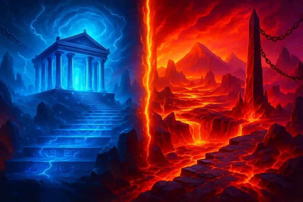 Escena dividida entre el Olimpo azul y el Inframundo rojo ardiente.