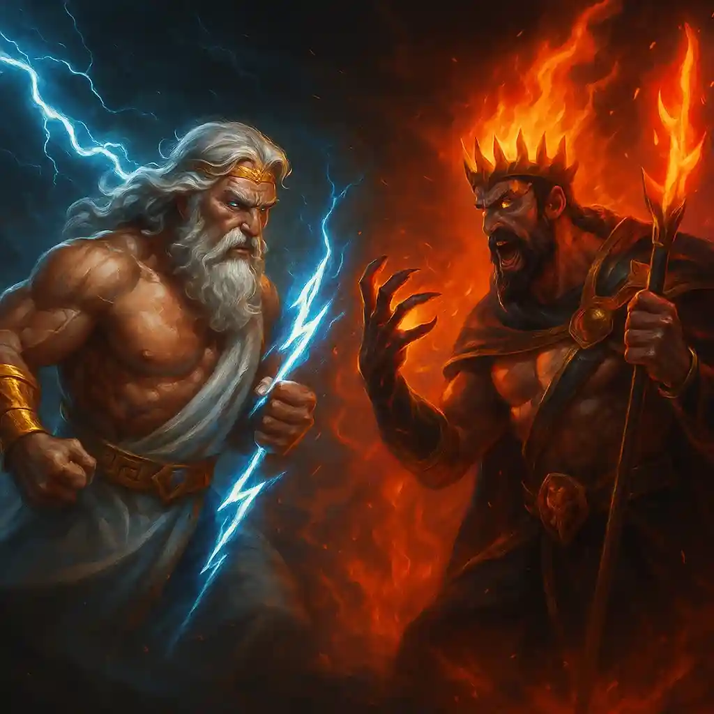 Zeus y Hades en combate mitológico con relámpagos y llamas intensas.