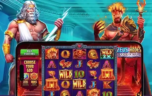 Zeus y Hades a los lados del slot con fondo volcánico y relámpagos.