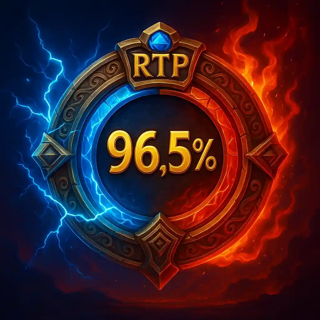 Medallón de RTP brillante con 96,5% en estilo Zeus vs Hades, con efectos eléctricos y fuego.