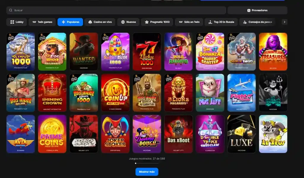 Galería de tragamonedas populares en 1win incluyendo juegos como Gates of Olympus y Sugar Rush.