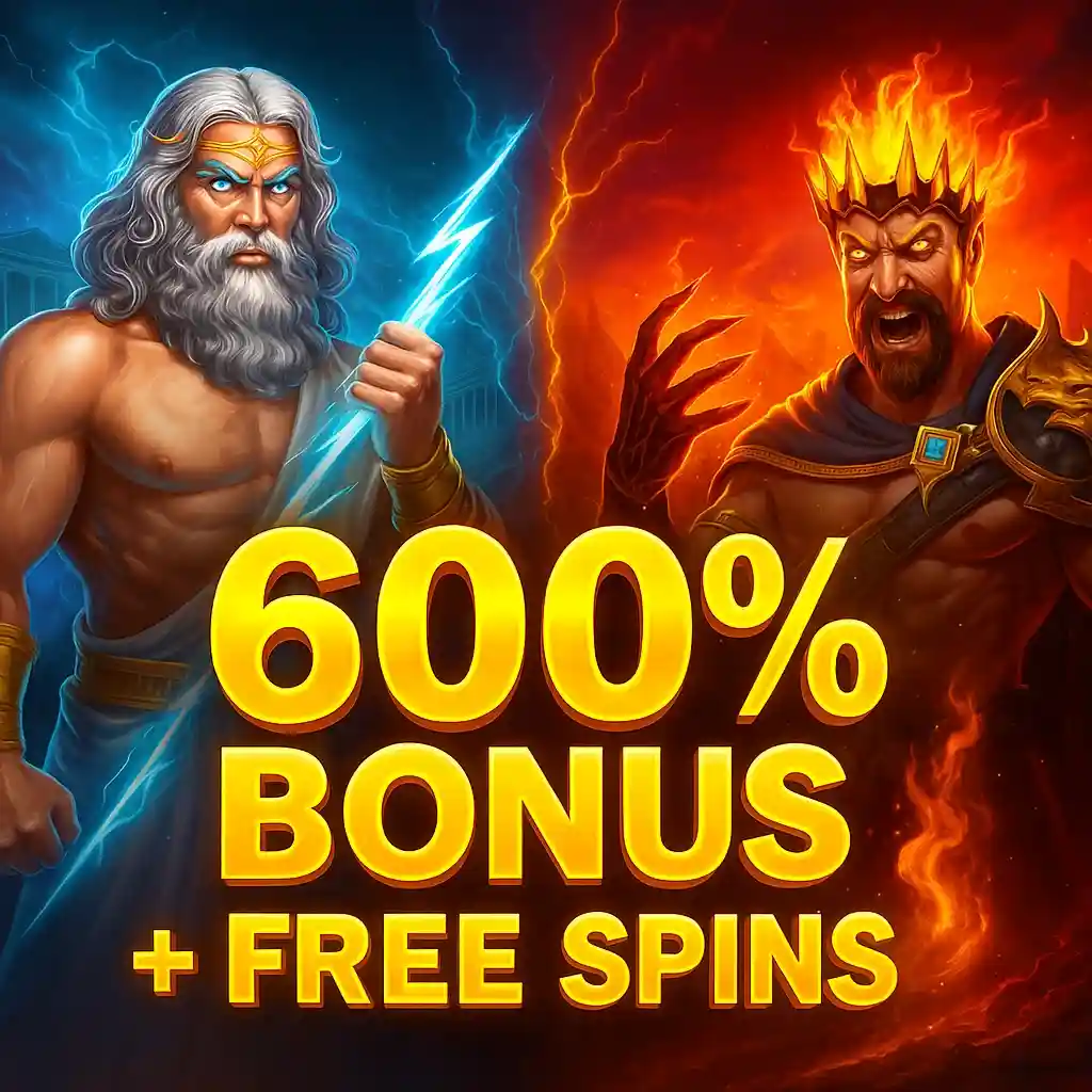 Promoción de ‘600% Bonus + Free Spins’ con Zeus y Hades en pose dramática