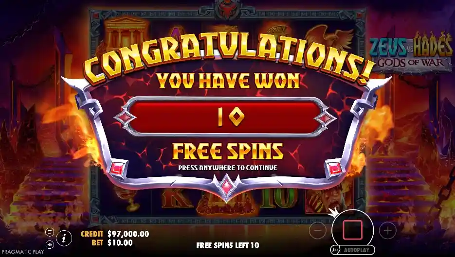 Pantalla de premio ‘Congratulations! You have won 10 free spins’ con efectos dorados.