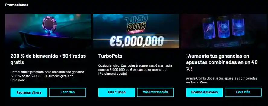 Promociones de TurboWins Casino con bono de bienvenida, TurboPots y apuestas combinadas