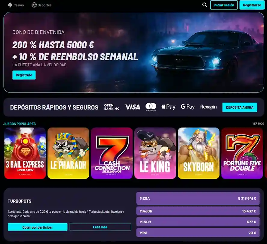 Página principal de TurboWins Casino con bono de bienvenida del 200% y reembolso semanal